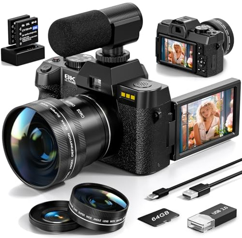 8K Digital Cameras for Photography, 64MP vlogging Camera with 180°Flip Screen，2 Batteries, 64GB TF Card，16X Zoom, WiFi,Microphone, Wide & Macro Lens Kit (Black)