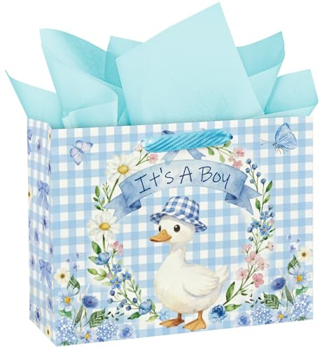 Loveinside 33 cm Große Ente-Babyparty-Papiertasche mit Geschenkpapier - Blau karierte Tasche mit Cartoon-Ente-Design für Jungen-Babypartys und Jungengeburtstage
