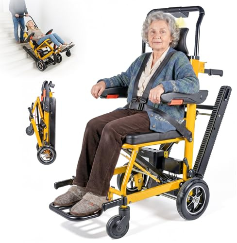 Elektrischer Treppensteiger Rollstuhl Faltbar mit Gummikette, 200KG Elektrischer Treppenlift Stuhl, Rollstuhl Faltbar Treppen Mobilitätshilfe mit LED, Medizinische Rettungstrage für Senioren (Gelb)