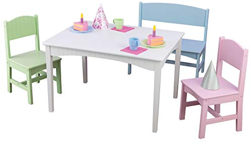 KidKraft Nantucket Wooden Table with Bench and 2 Chairs, Multicolored, Children's Furniture - Pastel, Gift for Ages 3-8