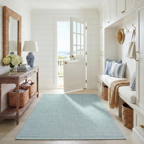 SAFAVIEH Courtyard Collection 4' x 5'7 Aqua/Grey CY8521 Indoor/ Outdoor Waterproof Easy Cleaning Patio Backyard Mudroom Accent Rug