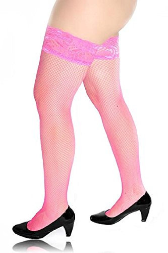 PrettyLoveHose Bas Résille Dentelles Autofixant (Noir, Rouge, Blanc, Rose Fluo, Jaune Fluo, Rose Fushia, Vert Fluo, Bleu, Violet, Beige, Orange, Marron) (ROSE FLUO)