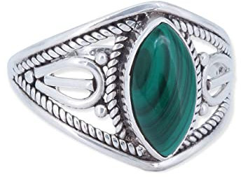 mantraroma Damen Ring 925 Silber Malachit Edelstein grün ausgefallen verspielt