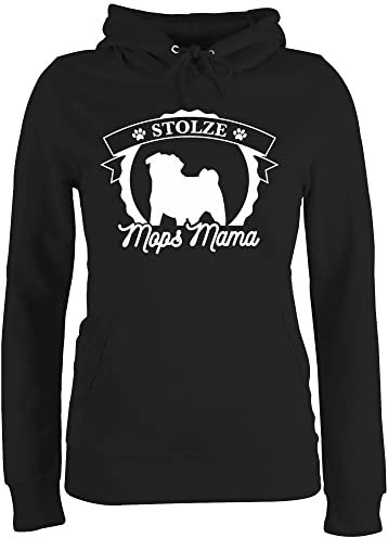 Pullover Damen Hoodie Frauen - Geschenk für Hundebesitzer - Stolze Mops Mama - XXL - Schwarz - Spruch Hund Kapuzenpullover hundepullover hundemotiv Hoddies/pullies Hunde Hundefreunde hodys Dog