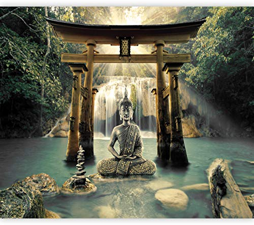 murando Fototapete selbstklebend Buddha 294x210cm Foto Tapete Tapetenfolie Möbelfolie Wandverkleidung Wandtapete Motivtapeten Bildtapete Wohnzimmer Schlafzimmer 3d Effekt Wasserfall Natur Orient Zen