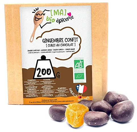 [MA] bio-épicerie | Gingembre confit en cubes enrobés de chocolat noir bio | 200G | Sachet vrac | Certifié biologique | Fruit confit et chocolat | Sans conservateur
