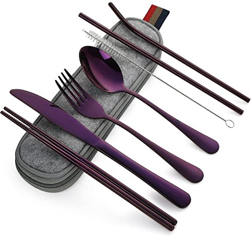 DEVICO Camping Cutlery, Travel Cutlery Set with Case, Portable Stainless Steel Camping Utensils Include Knife Fork Spoon Chopsticks Straws Brush (Purple)