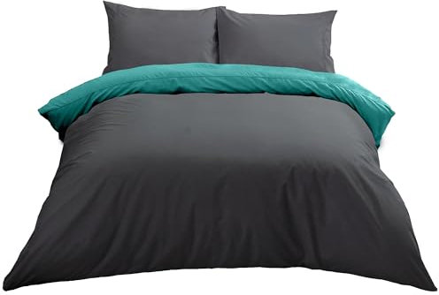 Lions Reversible Plain Dyed kingsize Duvet Covers, Microfibre Quilt Cover with Pillow Case, Microfibre, Machine Washable, Cool Iron Black, Teal