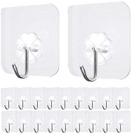 HERUIO Ganchos adhesivos de pared (paquete de 20), resistentes de 13.2 libras (máximo), para el hogar, baño, cocina, oficina, armario