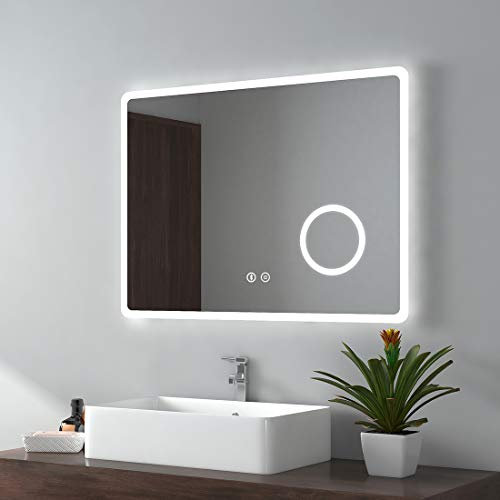 EMKE Backlit Illuminated Bluetooth Bathroom Mirror with Shaver Socket 800x600mm, Wall Mounted Multifunction LED Bathroom Vanity Mirror with Lights + Demister + 3-Fold Magnification
