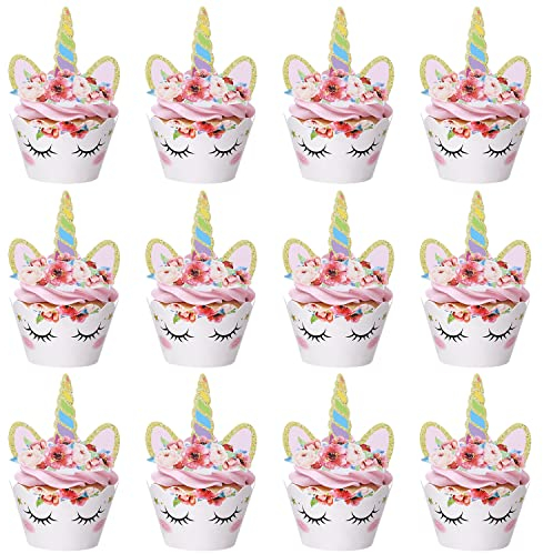 TAKUZA Einhorn Tortendeko, Einhorn Cupcake Toppers, Einhorn Geburtstagsdeko, Muffin Deko, Kuchen Deko,Cupcake Deko, Cupcake Wrappers für Geburtstagsfeier Hochzeiten Dessert Kuchen Dekorationen(12 Set)