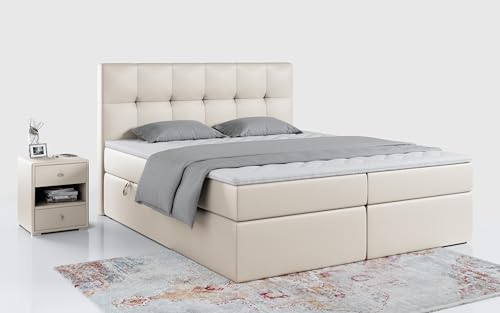 MKS MEBLE Boxspringbett 160x200 mit Bettkasten Beige Kunstleder, Bett mit Matratze H3 Topper, Polsterbett 160x200 mit Bettkasten Kopfteil, Boxspringbett mit Matratze H3, RICO Creme Kunstleder