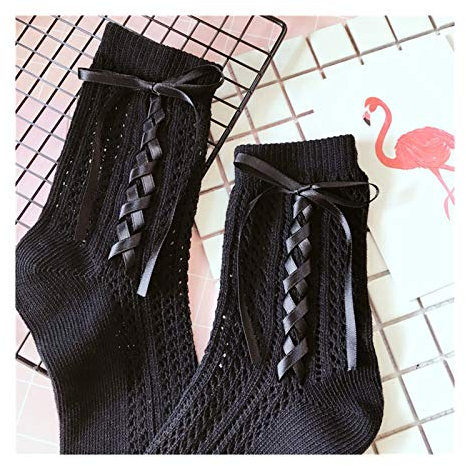 Lolita Bandage Cotton Socks Hollow Piccolo Arco del Nastro Pile Calzini Dolci Calze Calda (Color : Black (Bandage Side))