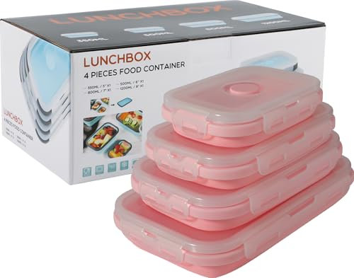 Beeptrum Récipient pliable en silicone avec couvercle,boîte à lunch portable pour pique-nique en plein air,peu encombrant,résistant au micro-ondes,au lave-vaisselle et au congélateur,lot de 4(Rose)