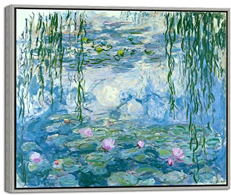 Wieco Art Gerahmte Wandkunst Seerosen von Claude Monet, Leinwanddruck, Reproduktion, moderne Leinwand, Wandkunst für Zuhause und Büro, Dekoration, abstraktes Kunstwerk, silberner Rahmen