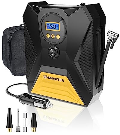 E-Smarter Tyre Inflator Air Compressor, Car Tyre Inflator 12V, Car Tyre Pump with Memory Function, 3 Nozzle Adaptors, 20L/min Fast Inflation Car Pumps for Tyres, Car Pump for Car, Bike, Ball