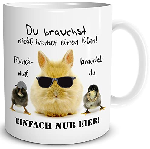 TRIOSK Tasse Kaninchen mit Küken Spruch Eier Plan lustig Baby Huhn Geschenk für Männer Hühnerliebhaber Arbeit Büro Kollegen Ostern Vatertag, Keramik 300ml