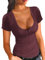 Onsoyours Damen Top Strickshirts Sexy Kurzarm Elegant Strickoberteil Top T Shirt Slim Fit Oberteile V Ausschnitt Ribbed Tunika B Weinrot XL