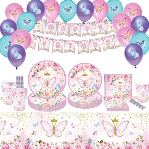 ZOOMPIL Schmetterling Geburtstag Party Geschirr,Schmetterling Party Geschirr Set - Schmetterling Geburtstagsparty Paperteller,Becher,Ballons,Serviette,Tischdecke,Geburtstag Dekoration für Kindern