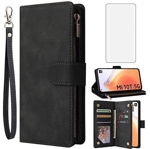 Asuwish Funda para Xiaomi Mi 10T/Mi10T Pro 5G, funda con lámina protectora de pantalla y compartimento para tarjetas, plegable, piel, función atril, cremallera Mi10TPro M10T T10 M2007J3SG, funda para