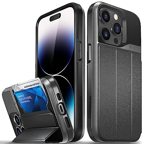 VENA vCommute Wallet Case Compatible with Apple iPhone 14 Pro (6.1-inch), (Military Grade Drop Protection) Flip Leather Cover Card Slot Holder with Kickstand - Space Gray