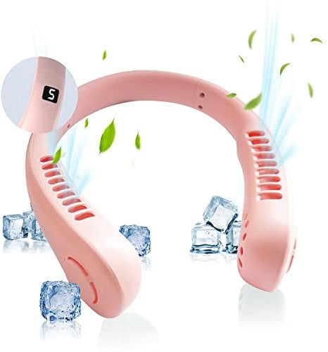 GALAXYER Neck Fan with Screen Display and 5 Speeds Levels, Pink USB Rechargeable Bladeless Cooling Fan, Quiet Neck Cooler Personal Hanging Fan for Indoor Outdoor Travel Sports