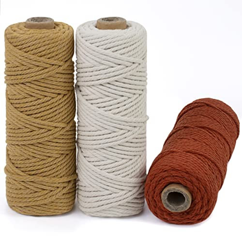 LEREATI Makramee Garn 3mm Set, 150m Makramee-Schnur, Farbig Baumwollseil, Baumwollgarn 3mm zum Makramee Deko, Hängepflanze, Wandbehang, Hochzeitsbogen (Kaffee, Natur, Korallenrot)
