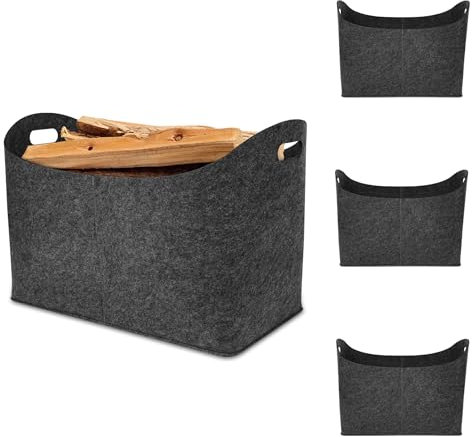 Froadp 4 Stück Filztasche Filzkorb für Kaminholz Einkaufstasche aus Filz Multifunktionale Filztaschen Shopper Faltbare Kaminholzkorb mit Verstärkten Griffen Tragfähigkeit Bis zu 60kg (Dunkelgrau)