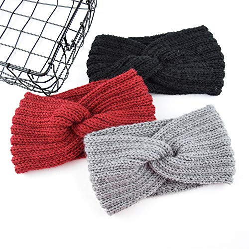 3 Pcs Winter Häkelarbeit Stirnband Mädchen Frauen Haarband Verdicken Stirnbänder Kopfband Haarband Ohrenwärmer Headwrap für Einkaufen Skifahren Laufen,Schwarz+Grau+Rot