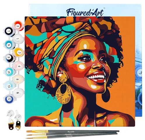 Figured'Art Mini Peinture par Numéro Adulte 20x20cm avec cadre Reine Africaine Pop Art - Petit Format Kit de Loisir Créatif DIY Numéro d'Art Complet