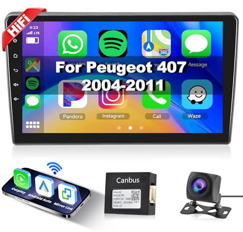 Hodozzy Android Radio Coche para Peugeot 407 2004-2011 Carplay Android Auto Radio Bluetooth 2 DIN con Autoradio 9 Pulgadas Touchcreen GPS/WiFi/FM/RDS/HiFi/USB+AHD Camara Maecha Atras