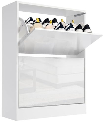 Blisswood High Gloss 2 Drawer Shoe Cabinet Cupboard, Shoe Storage Organiser Freestanding 2 Tier Wooden Shoe Rack Cabinet Modern Footwear Stand For Hallway, Living Room Furniture (White)