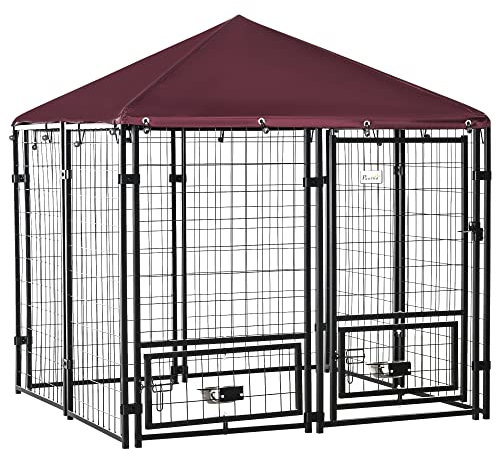 PawHut Chenil extérieur pour Chiens Parc à Chiot avec Toit en Tissu Oxford avec 2 Supports de Bol rotatifs 8 Panneaux Toit résistant aux intempéries 141 x 141 x 153 cm
