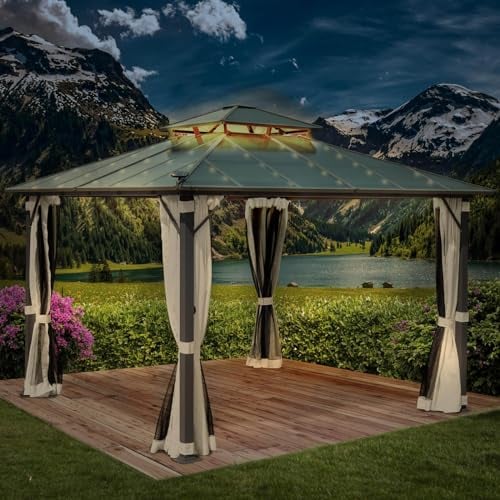 BRAST® Pavillon Aluminium Pagode 3,5x3,5m | viele Modelle & Farben | inkl. Moskitonetz + LED | festes Dach | wasserdicht | stabil | UV-Schutz | Beige