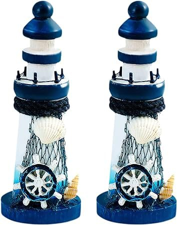 AMJKEJI 2 Stück Holz Leuchtturm Modell Nautische Maritime Deko Fee Garten Ornamente Hochzeit Tischdeko für Badezimmer Kinderzimmer Blumentopf