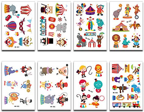 WATERBELINE 8 Blatt Cartoon Zirkus Aufkleber Kinder Niedliche Temporäre Kunst C Aufkleber Für Laptop