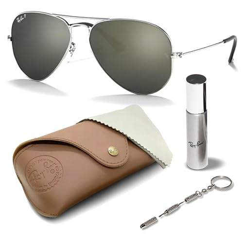 Ray-Ban RB3025 Aviator SONNENBRILLEN-SET | Exklusiv-Etui und Care-Kit | Shiny Silver/Polarized Silver-Grey