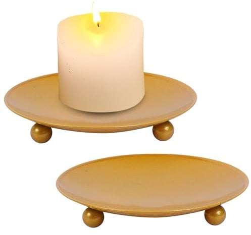 TIED RIBBONS Plate Holders Set of 2 Gold Pillar Candle Holder Metal Candle Holder Modern Candle Holders for Pillar Candles, Living Room, Table Centerpiece, Diwali Decorations, Ganesh Chaturthi