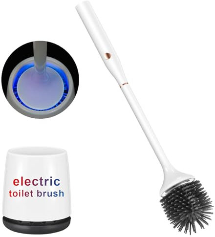 Electric Toilet Brush and Holder Set,Toilet Bowl Brush,Wireless Electric Spin Scrubber,with Silicone Brush Head Self-Cleaning Light and Ventilated Slot Base,USB Charging Cable,Wall Mount Sticker