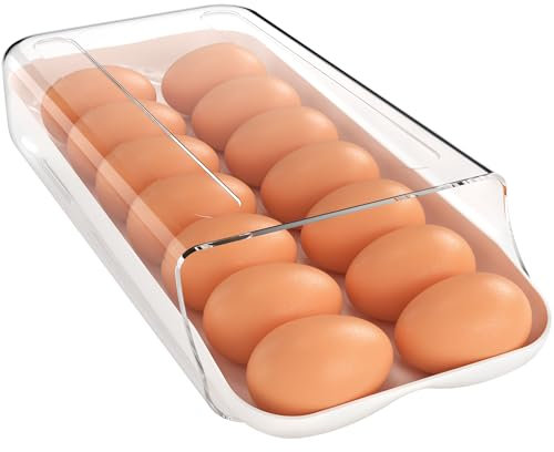 Theaoo Portauova per Frigorifero, Contenitore Automatico con Dispenser in Plastica Trasparente, Organizer Impilabile con Vassoio Interno Rimovibile Rapido
