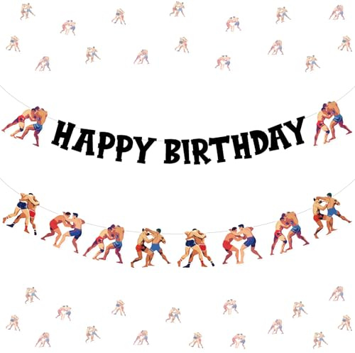 Funmemoir Wrestling Geburtstag Party Dekorationen - Wrestling Happy Birthday Banner und Girlande, Wrestling Geburtstag Party Banner für Jungen Mädchen Erwachsene Wrestler Wrestling Thema