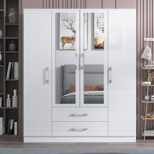 URBAN FURNISHING Modern 4-Door Wardrobe with Mirror & 2 Bottom Drawers – Glossy Finish, Bedroom Closet Armoire with Hanging Space & Storage Shelves (White, 160cm)