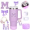 MOTEERLLU 6pcs Purple Stanley Cup Accessories Set,Bow Straw Cover for Stanley Cup 30oz 40oz, Including Straw Topper,Spill Proof Stopper,Sparkly Silicone Boot Set,Handle Charm,Initials Sticker (M)