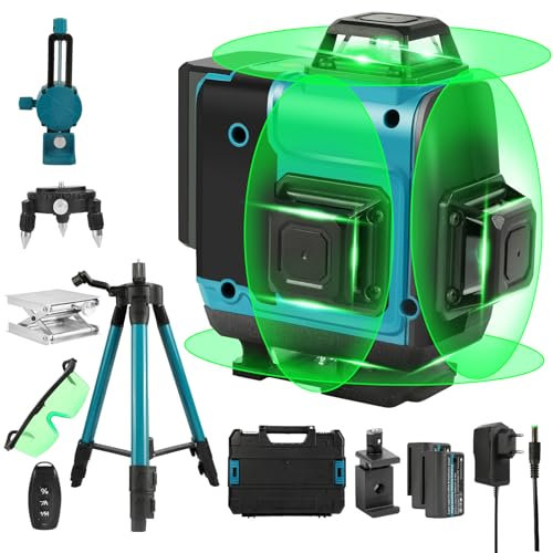 【con Treppiede】Livella Laser Verde Autolivellante 4 x360°, 16 Linee Livello Laser Autolivellante Telecomadon, 2xBatterie, IP54 (blu)