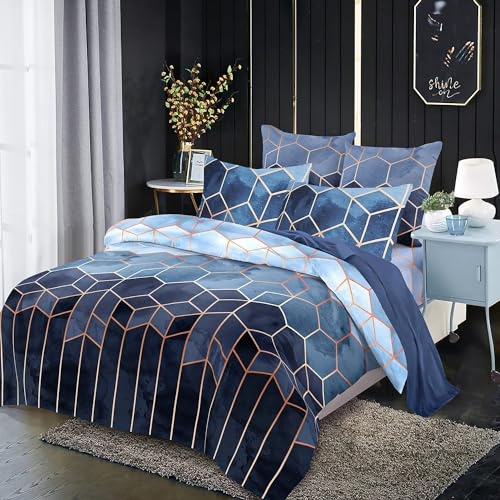 Freyamy Bettwäsche 200x220cm 3 Teilig Blau Kariert Marmor Wendebettwäsche Geometrische Modern Microfaser Bettbezug mit Reißverschluss und 2 Kissenbezug 80x80cm