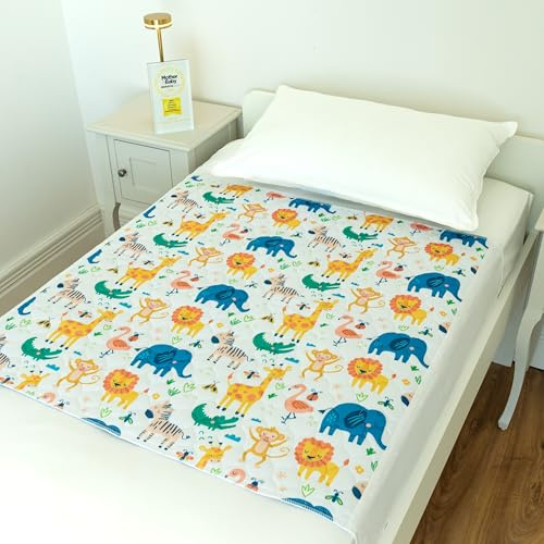 Bedwetz Potty Training Bed Pad – Waterproof Mattress Protector for Toddler & Single Beds, Washable 5-Layer Bed Wetting Sheet with Non-Slip Wing Tucks | 2 Pack | Animal
