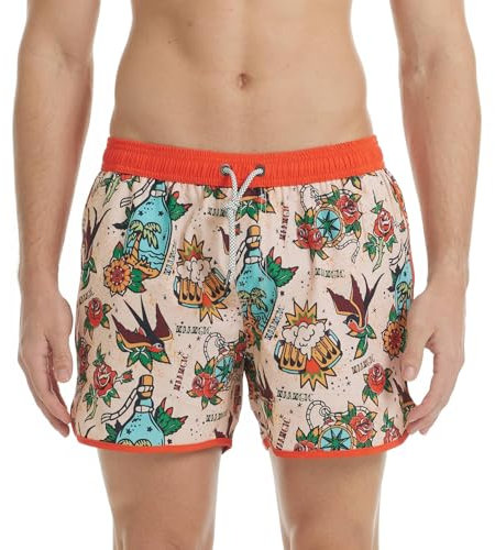 MaaMgic Costume da Bagno Corti Uomo Stile Retro Vintage 4-Way Stretch con Fodera in Mesh Transpirante e Asciugatura Rapida per Vacanze al Mare,Arancione Giallo Birra Fiori Palme,M