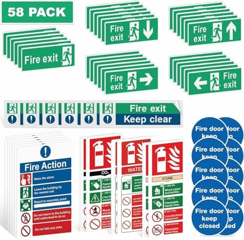Rubigo 30PK/58PK Fire Exit Signs (RIGHT, LEFT, UP, DOWN ARROW) Keep Clear, 30 X 10cm Fire Action Notice, Extinguisher Signs, Keep Shut, Self Adhesive Vinyl Sticker, Emergency Exit Door, Signage (58pk)