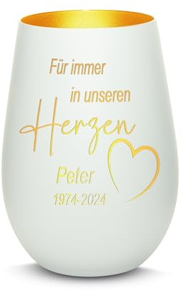 Gravur-Max Trauerlicht Windlicht mit Gravur Für Immer in unseren Herzen mit Wunschname & Datum Gedenklicht für Trauernde mit Einer hochwertigen Lasergravur in der Farbe Weiß/Gold