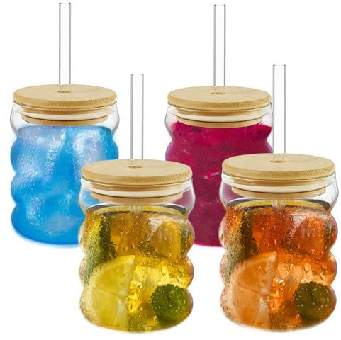Fyeme Juego de 4 vasos acanalados con pajitas de cristal, 300 ml, con tapa de bambú, vasos de agua, vasos de agua, vasos acanalados para cócteles, agua, limonada, té con leche, café